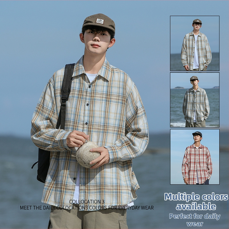 2024 Nová jesenná móda Jednoduchá kontrastná farebná pánska kockovaná košeľa v kórejskom štýle Trendy ležérna pánska košeľa s dlhým rukávom