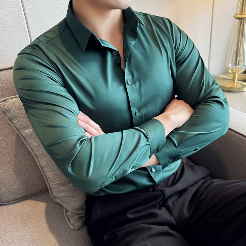 Pánske strečové bezšvové tričko s dlhým rukávom a nekrčivým golierom, jednofarebné, 2024