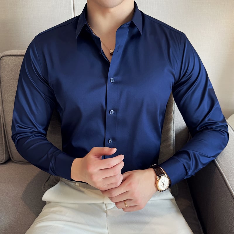 Pánske strečové bezšvové tričko s dlhým rukávom a nekrčivým golierom, jednofarebné, 2024