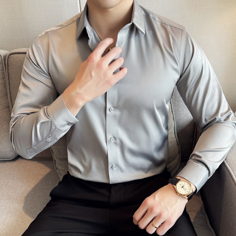 Pánske strečové bezšvové tričko s dlhým rukávom a nekrčivým golierom, jednofarebné, 2024