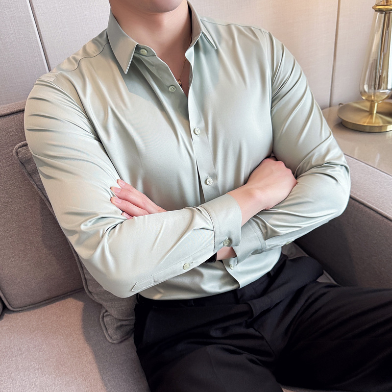 Pánske strečové bezšvové tričko s dlhým rukávom a nekrčivým golierom, jednofarebné, 2024