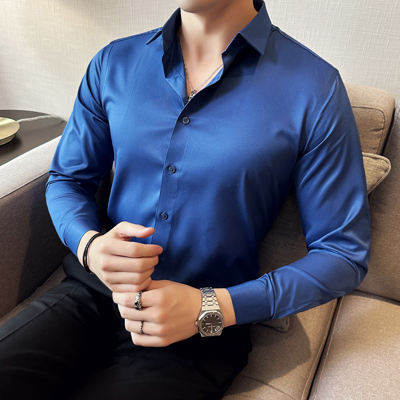 Pánske strečové bezšvové tričko s dlhým rukávom a nekrčivým golierom, jednofarebné, 2024