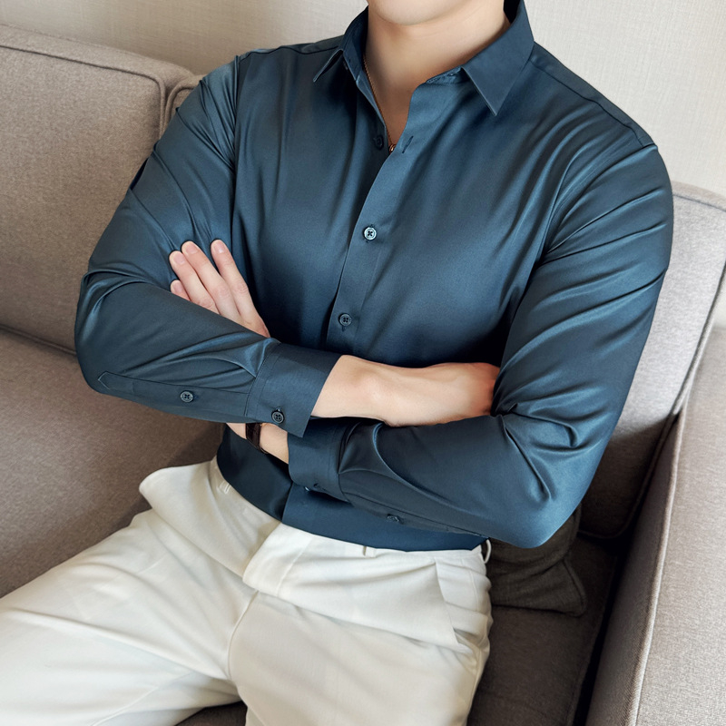 Pánske strečové bezšvové tričko s dlhým rukávom a nekrčivým golierom, jednofarebné, 2024