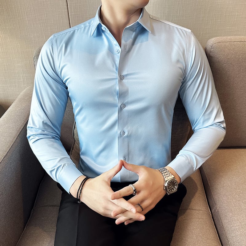 Pánske strečové bezšvové tričko s dlhým rukávom a nekrčivým golierom, jednofarebné, 2024