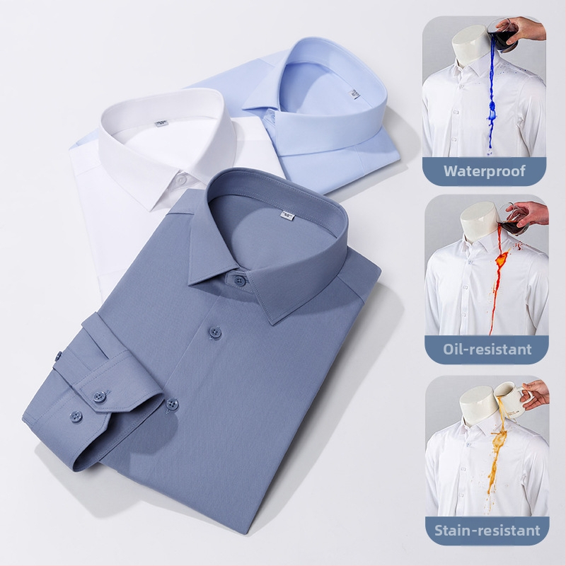 Pánska trojfarebná košeľa s dlhým rukávom, obchodná, profesionálna, pánska, jednofarebná, formálna, nežehlivá, vodeodolná, olejoodolná, proti znečisteniu, pánska biela košeľa