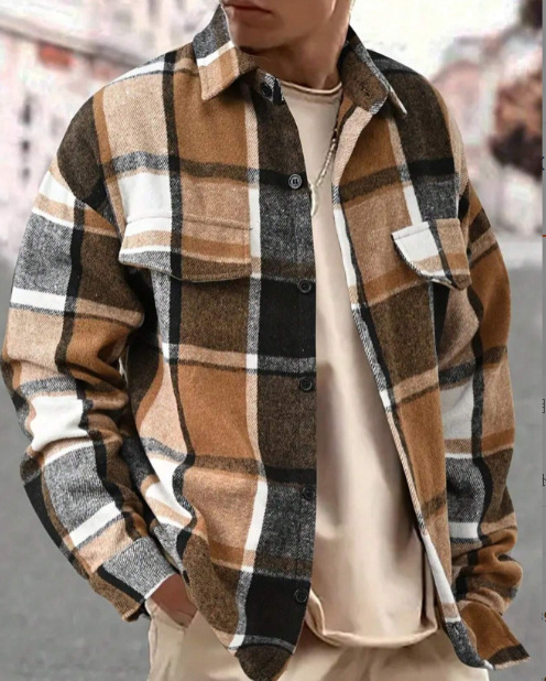 Jesenné a zimné štíhle tričko s dlhým rukávom a kockovaným vzorom od Amazonu 2024, bavlnené, s výbušným brúsením a flísom