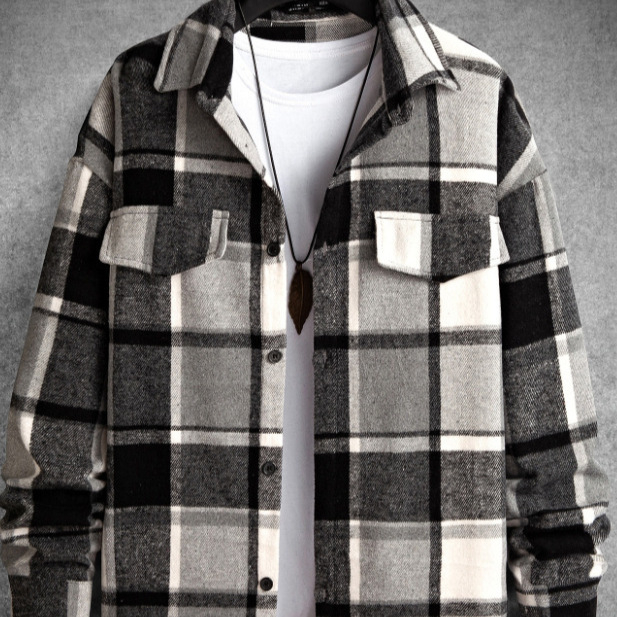 Jesenné a zimné štíhle tričko s dlhým rukávom a kockovaným vzorom od Amazonu 2024, bavlnené, s výbušným brúsením a flísom