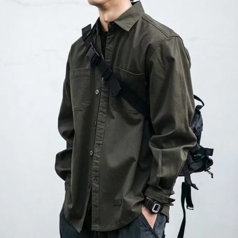 Pánska košeľa s dlhým rukávom, japonská retro pracovná obuv, kórejský štýl, trendy košeľa s voľnými vreckami, mládežnícka všestranná ležérna bunda