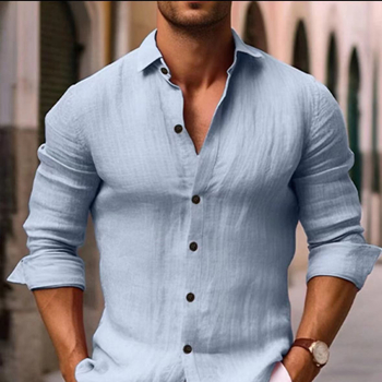 Νέο ανδρικό πουκάμισο Amazon, Mid-Century, ανδρικό ρετρό βαμβάκι, λινό, παχύ, ανάγλυφο ύφασμα, με γιακά, καθαρό χρώμα, με μακριά μανίκια