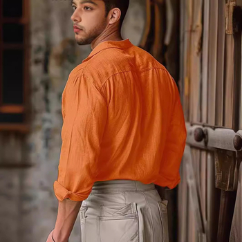 Νέο, διασυνοριακό ανδρικό πουκάμισο με πέτο, μονόχρωμο, casual, λινό πουκάμισο με μακριά μανίκια και λαιμόκοψη V, σε ευρωπαϊκά και αμερικανικά χρώματα, για μεγάλα μεγέθη