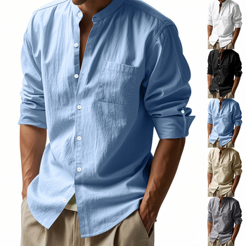 2025 Amazon Transfrontalieră Primăvară și Toamnă Cămașă de in cu mânecă lungă Guler Respirabil Casual Nou Chinezesc Cu Buzunar Patch pentru bărbați