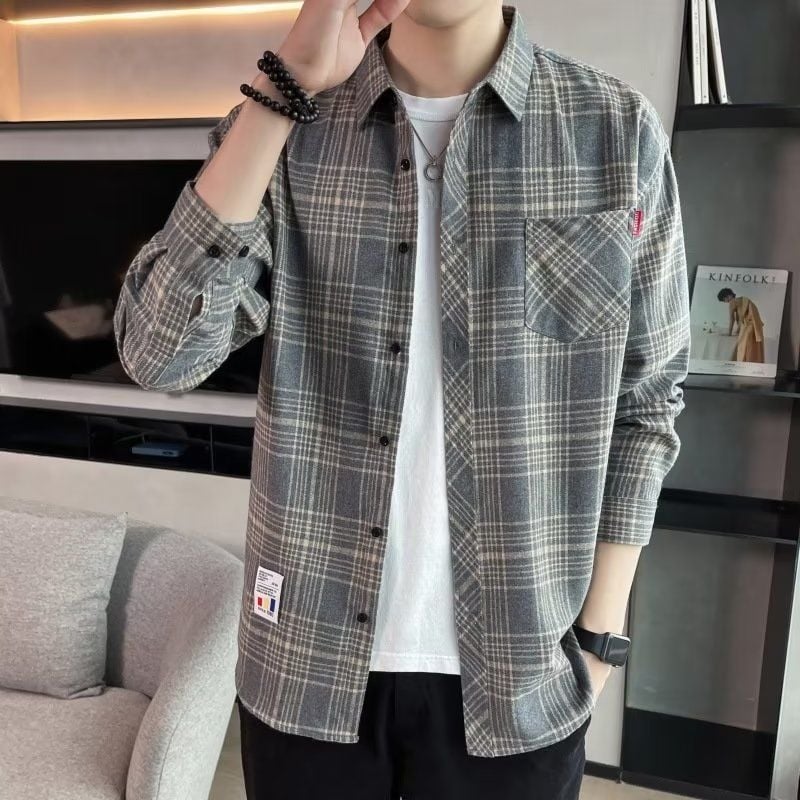 Cămașă în carouri la modă nouă pentru bărbați, cu mânecă lungă, stil Hong Kong, jachetă casual pentru tineri, cămașă pentru bărbați, la modă