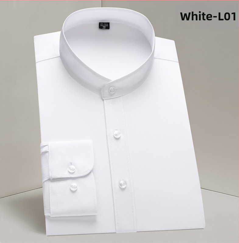 Pánske jesenné biele obchodné šaty s dlhým rukávom a čínskym golierom, čínsky štýl, čínsky tung oblek, pánska košeľa s cezhraničným vzorom