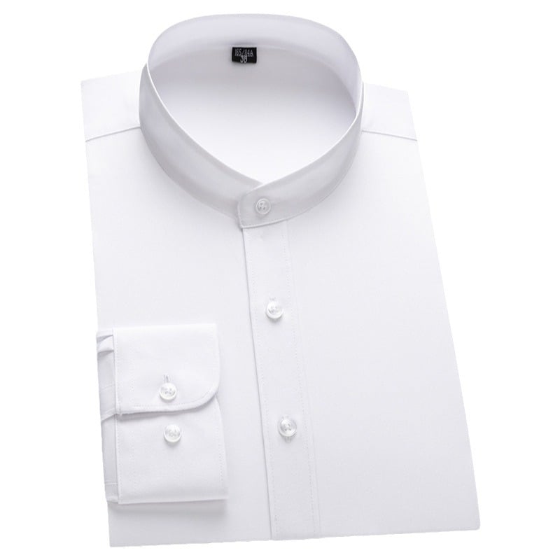 Pánske jesenné biele obchodné šaty s dlhým rukávom a čínskym golierom, čínsky štýl, čínsky tung oblek, pánska košeľa s cezhraničným vzorom