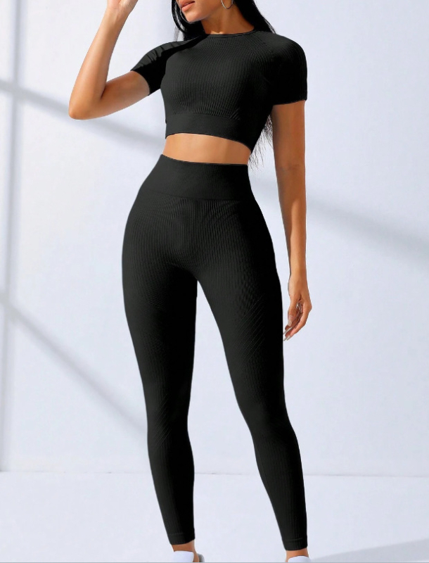 Dámsky bežecký tréningový oblek s vysokým pásom a krátkym rukávom s európskym a americkým vzorom Explosions Threaded Yoga Suit