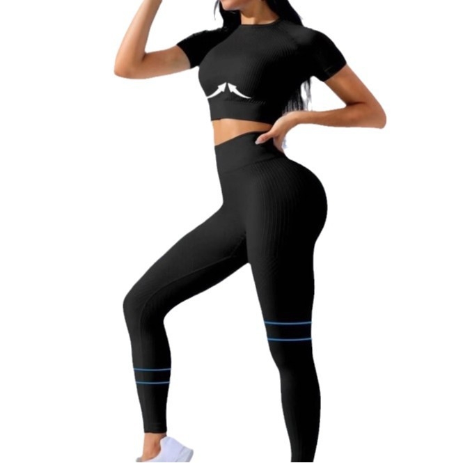 Dámsky bežecký tréningový oblek s vysokým pásom a krátkym rukávom s európskym a americkým vzorom Explosions Threaded Yoga Suit