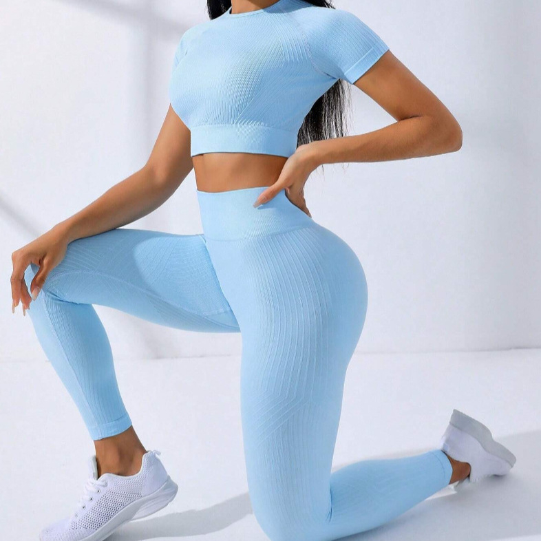 Dámsky bežecký tréningový oblek s vysokým pásom a krátkym rukávom s európskym a americkým vzorom Explosions Threaded Yoga Suit