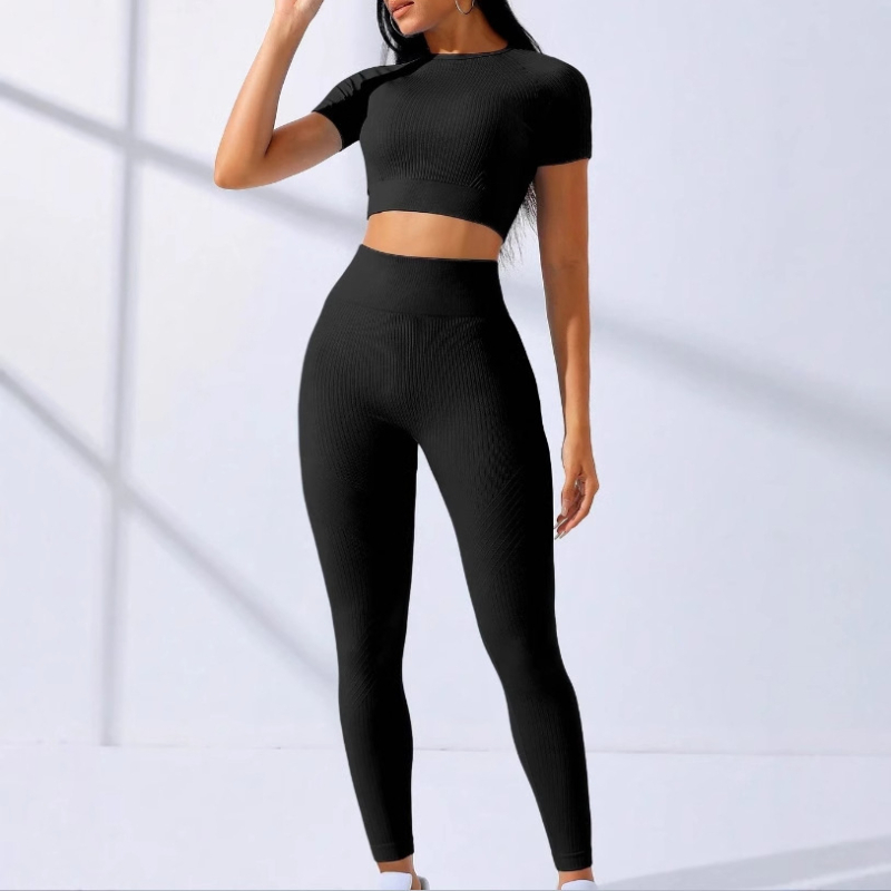 Dámsky bežecký tréningový oblek s vysokým pásom a krátkym rukávom s európskym a americkým vzorom Explosions Threaded Yoga Suit