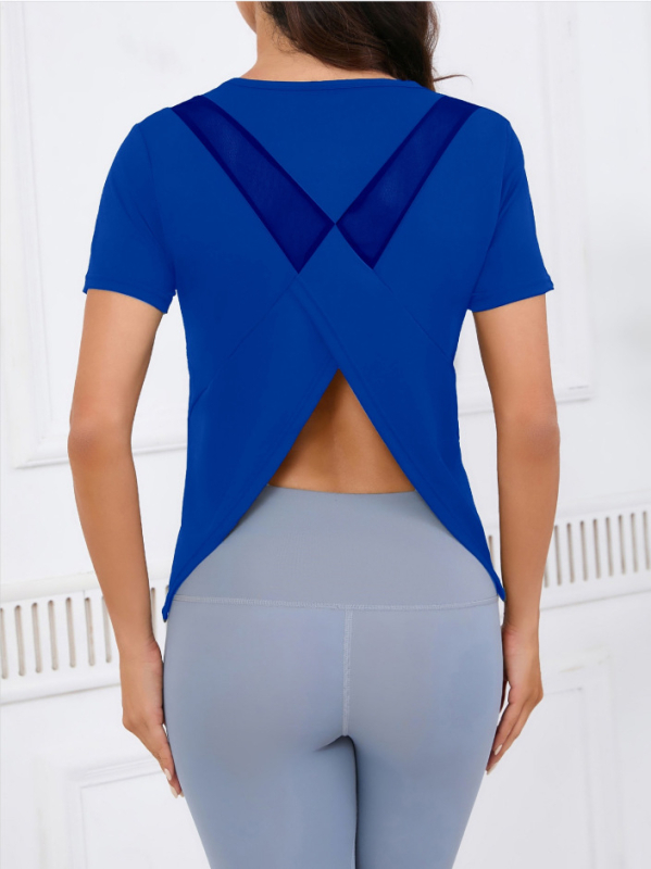 Jooga pluus naistele, lahtine hingav võrkkangast jooksupluus, ilutooted seljale, treeningriided, kiiresti kuivav spordipluus, lühikeste varrukatega