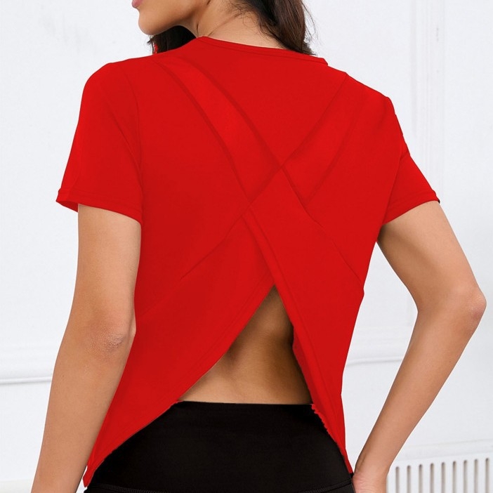 Jooga pluus naistele, lahtine hingav võrkkangast jooksupluus, ilutooted seljale, treeningriided, kiiresti kuivav spordipluus, lühikeste varrukatega