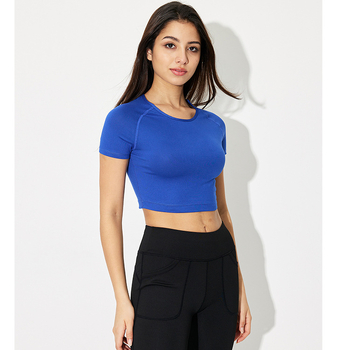 Piiriülesed spordialad Populaarne ümara kaelusega, kitsa lõikega, lühikeste varrukatega, kõrge elastsusega naba paljastav seksikas T-särk naistele jooga jaoks