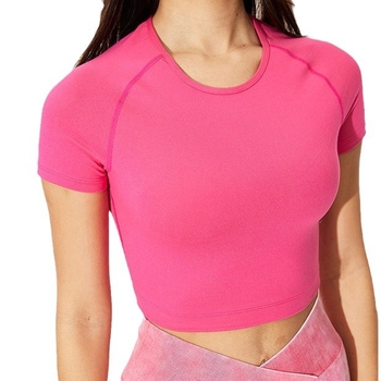 Piiriülesed spordialad Populaarne ümara kaelusega, kitsa lõikega, lühikeste varrukatega, kõrge elastsusega naba paljastav seksikas T-särk naistele jooga jaoks