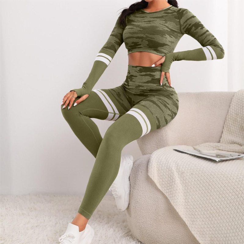 Colanți de yoga Amazon cu talie înaltă, pentru ridicarea feselor, cu mânecă lungă, care dezvăluie talia, topuri sexy, set de yoga