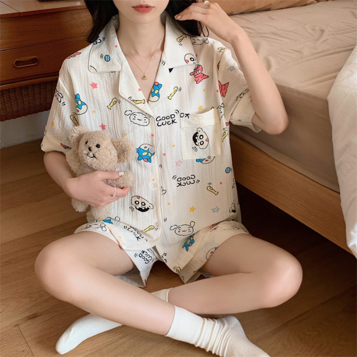 Ārējās tirdzniecības vasaras japāņu burbuļkokvilnas jaukas oranžas pidžamas sieviešu kardigans jaukas jaukas mājas drēbes matu paaudze