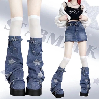 Șosete retro de vară pentru femei, cu șiret, din denim spălat, y2g albastru, transfrontaliere, cu șiret, până la jumătatea gambei
