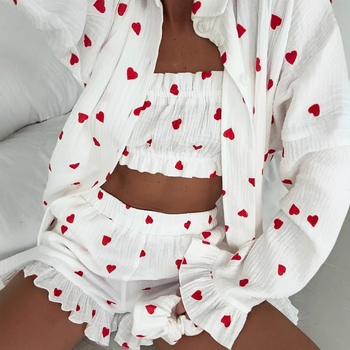 Ευρωπαϊκά και αμερικανικά διασυνοριακά ρούχα για το σπίτι με υψηλές πωλήσεις, τυπωμένες πιτζάμες με μακριά μανίκια και πέτο, γυναικεία σορτς πανωφόρι, τριπλό κοστούμι