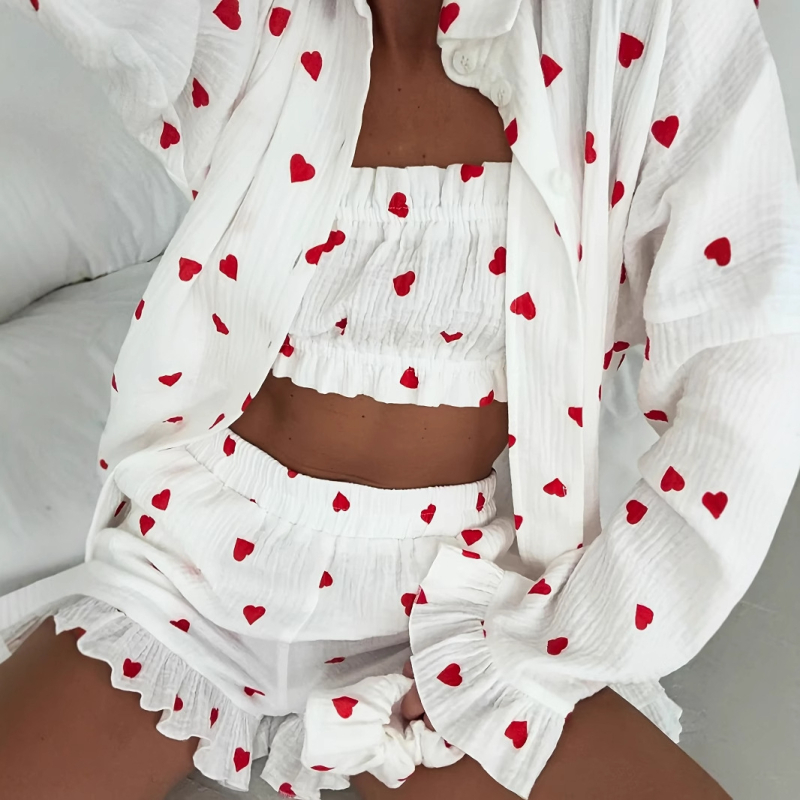 Pijamale cu mânecă lungă și rever, pentru femei, cu imprimeu de dragoste, pantaloni scurți, costum din trei piese, europene și americane, transfrontaliere, de vânzare cu amănuntul