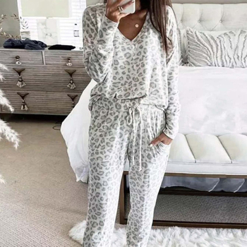 Set de două piese Amazon Cross-Border pentru toamnă și iarnă, cu guler în V, imprimeu leopard, topuri și pantaloni cu mânecă lungă, casual, pentru casă
