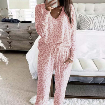 Set de două piese Amazon Cross-Border pentru toamnă și iarnă, cu guler în V, imprimeu leopard, topuri și pantaloni cu mânecă lungă, casual, pentru casă