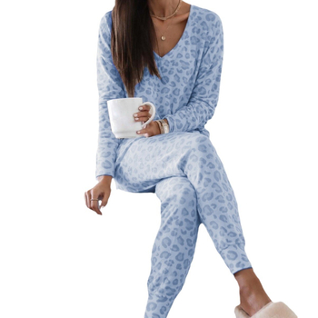 Set de două piese Amazon Cross-Border pentru toamnă și iarnă, cu guler în V, imprimeu leopard, topuri și pantaloni cu mânecă lungă, casual, pentru casă