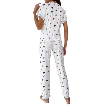 Νέες Ευρωπαϊκές και Αμερικανικές Γυναικείες Πιτζάμες Explosions Φθινόπωρο και Χειμώνας με V-Neck Μπλούζα με Δαντέλα και Στάμπα Κεράσι, Στενή Γραμμή, Παντελόνι, Κοστούμι
