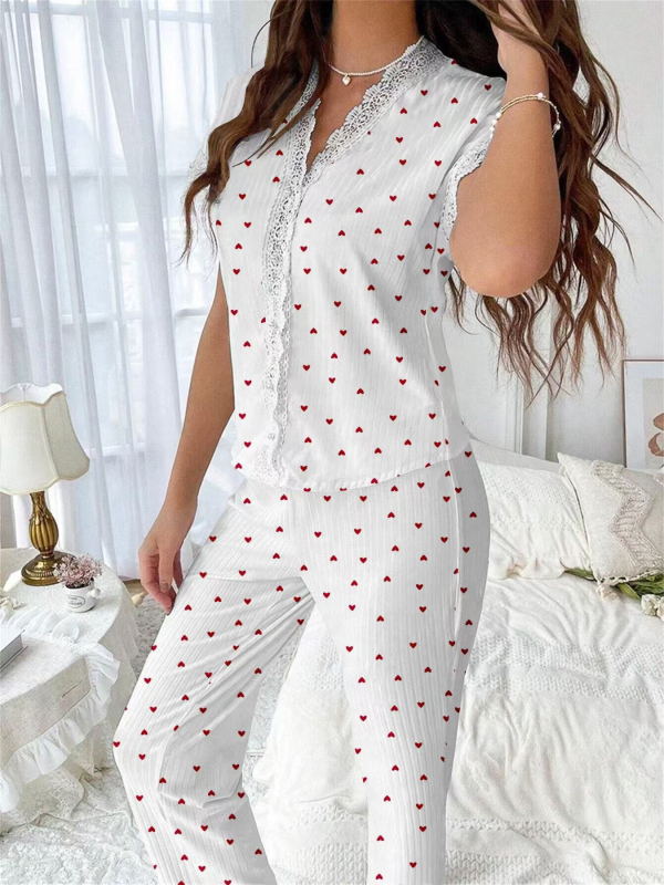 Nové dámske pyžamo s výstrihom do V a čipkou s potlačou čerešní, európskymi a americkými motívmi, jesenné a zimné, úzke, slim-fit nohavice