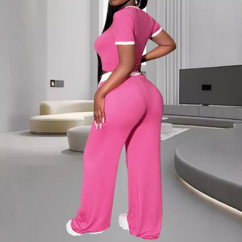 Σέξι σετ δύο τεμαχίων από μπλουζάκι με κοντά μανίκια και ψηλόμεσο παντελόνι με κορδόνια και στρογγυλή λαιμόκοψη