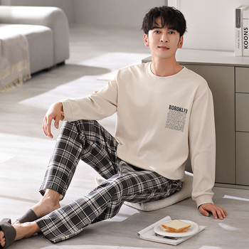 Sügisest Korea stiilis meeste kahepoolsed puhtast puuvillast pidžaamad Vabaaja lihtne sügis- ja talveriietus Koduriided Moodsad mugavad ülikonnad