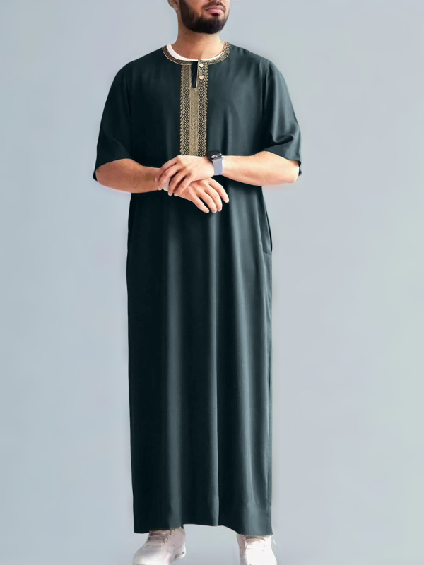 2025 Нов винтидж мюсюлмански мъжки халат от Близкия изток с бродиран среден ръкав и етнически стил, марокански, със страничен джоб