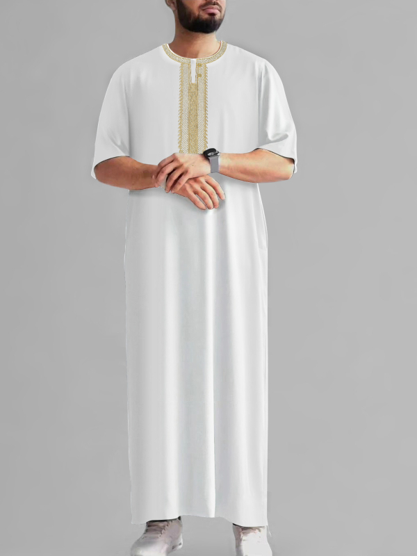 2025 Нов винтидж мюсюлмански мъжки халат от Близкия изток с бродиран среден ръкав и етнически стил, марокански, със страничен джоб