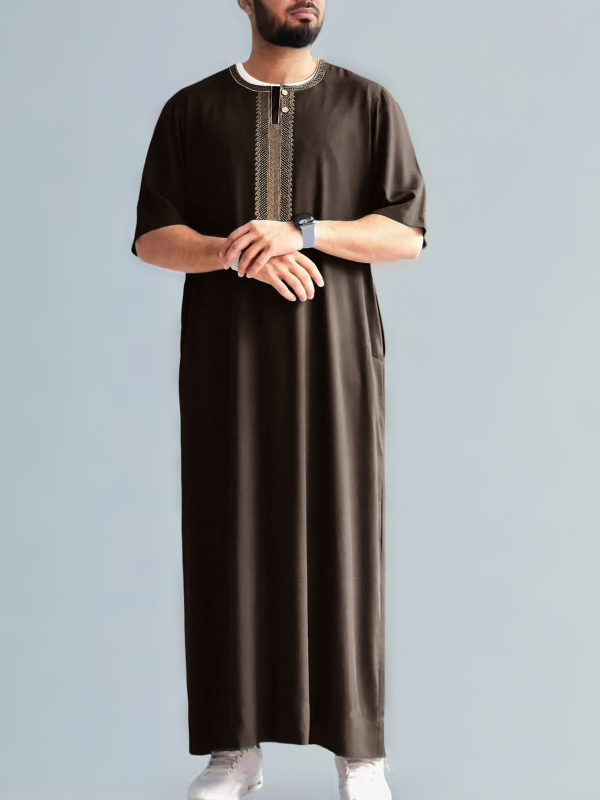 2025 Нов винтидж мюсюлмански мъжки халат от Близкия изток с бродиран среден ръкав и етнически стил, марокански, със страничен джоб