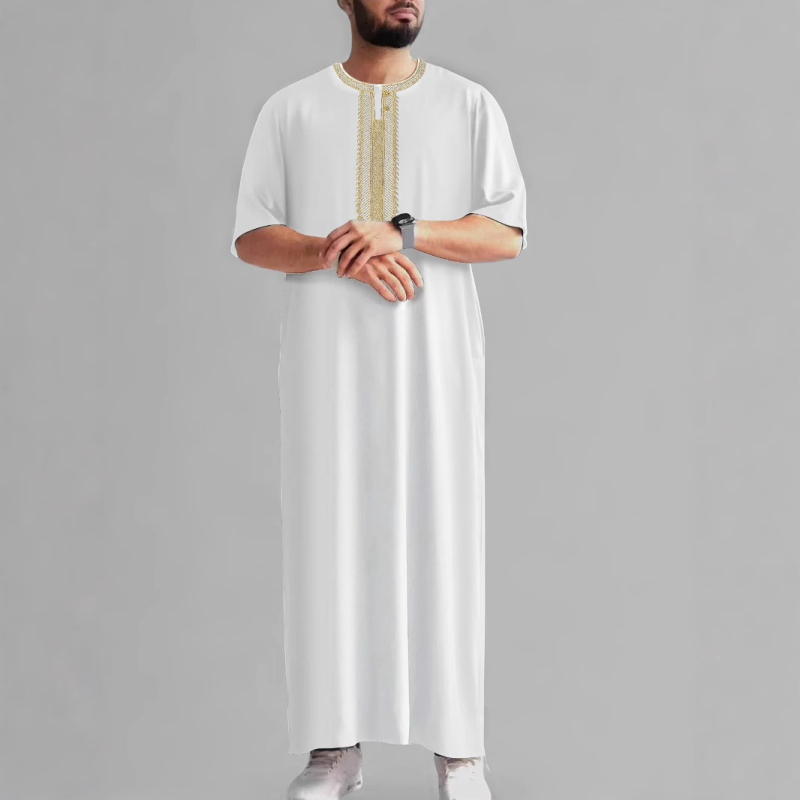 2025 Нов винтидж мюсюлмански мъжки халат от Близкия изток с бродиран среден ръкав и етнически стил, марокански, със страничен джоб