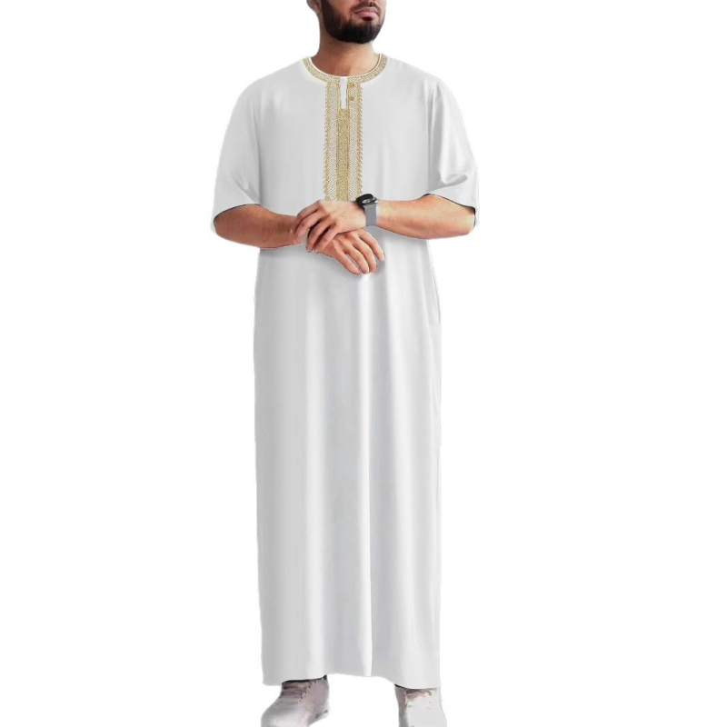 2025 Нов винтидж мюсюлмански мъжки халат от Близкия изток с бродиран среден ръкав и етнически стил, марокански, със страничен джоб