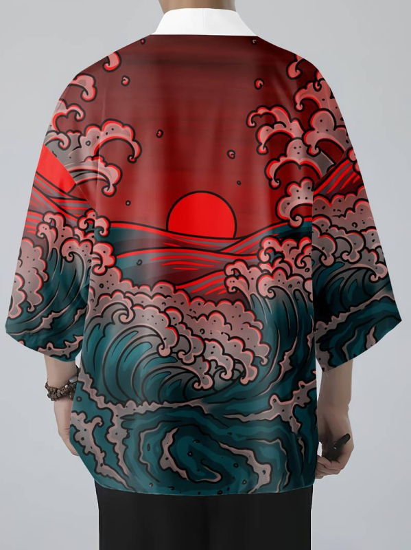 2024 Cezhraničný nový produkt Havajski štýl Sedembodový rukáv Tenký Harajuku Kimono Župan Kabát Perový Tkaný Kardigán