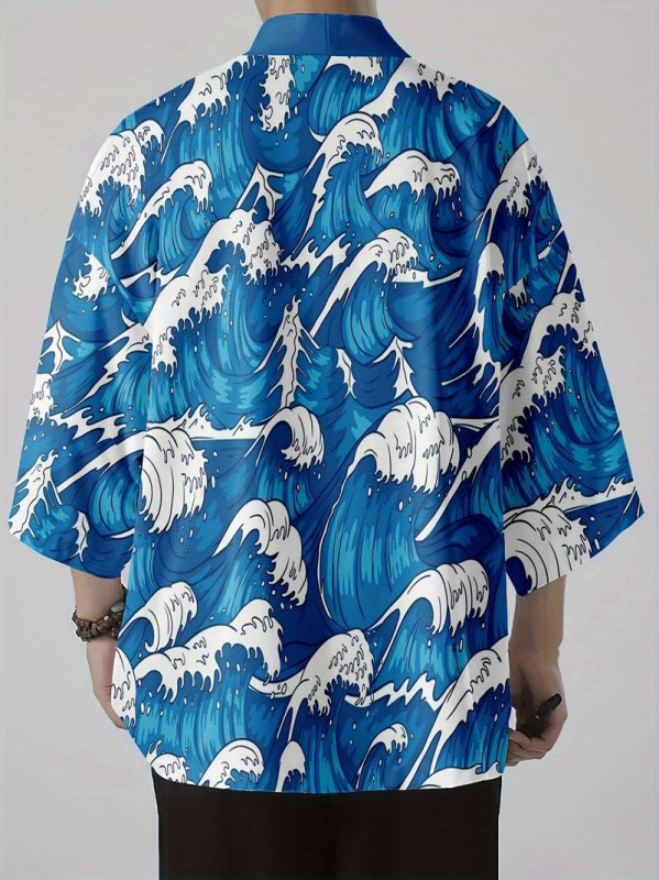 2024 Cezhraničný nový produkt Havajski štýl Sedembodový rukáv Tenký Harajuku Kimono Župan Kabát Perový Tkaný Kardigán