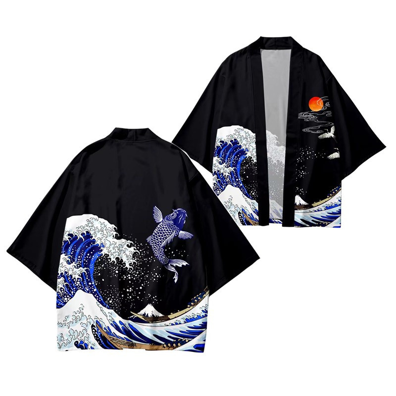 2024 Cezhraničný nový produkt Havajski štýl Sedembodový rukáv Tenký Harajuku Kimono Župan Kabát Perový Tkaný Kardigán