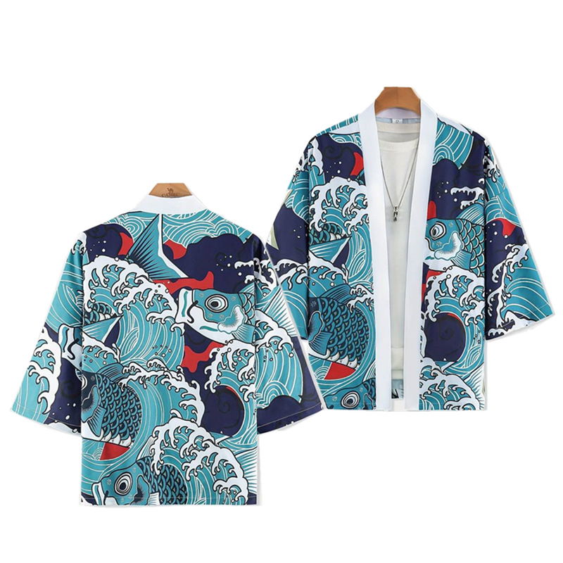 2024 Cezhraničný nový produkt Havajski štýl Sedembodový rukáv Tenký Harajuku Kimono Župan Kabát Perový Tkaný Kardigán