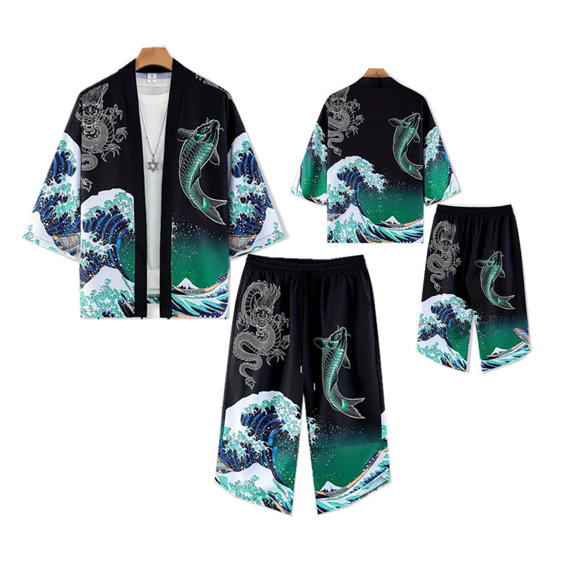 2024 Cezhraničný nový produkt Havajski štýl Sedembodový rukáv Tenký Harajuku Kimono Župan Kabát Perový Tkaný Kardigán