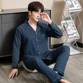 Pavasario ir rudens vyriška pižama su atlapu, dvipusė medvilninė ilgomis rankovėmis, patogi plius dydžio viršutiniai drabužiai, namų apyvokos reikmenys, pižama su kostiumu