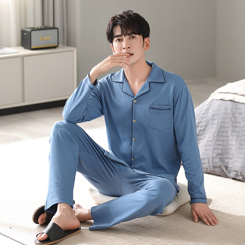 Pavasario ir rudens vyriška pižama su atlapu, dvipusė medvilninė ilgomis rankovėmis, patogi plius dydžio viršutiniai drabužiai, namų apyvokos reikmenys, pižama su kostiumu